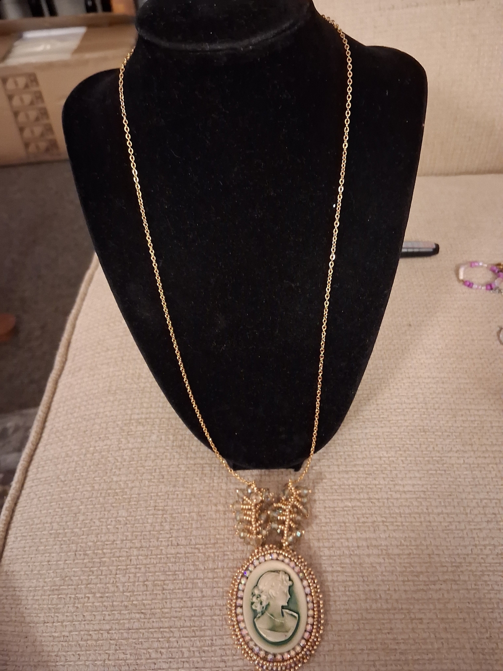 Gold-Tone Cameo Pendant Necklace with Green Cameo Accent